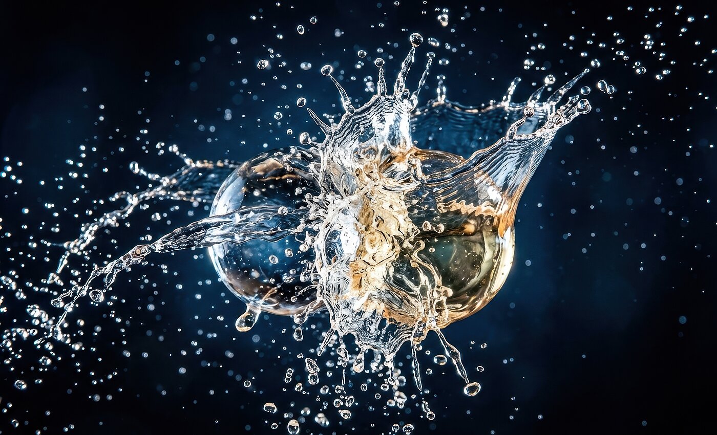 Wasser spritzt dynamisch in der Dunkelheit mit glitzernden Tropfen und einer durchscheinenden Kugel in der Mitte.