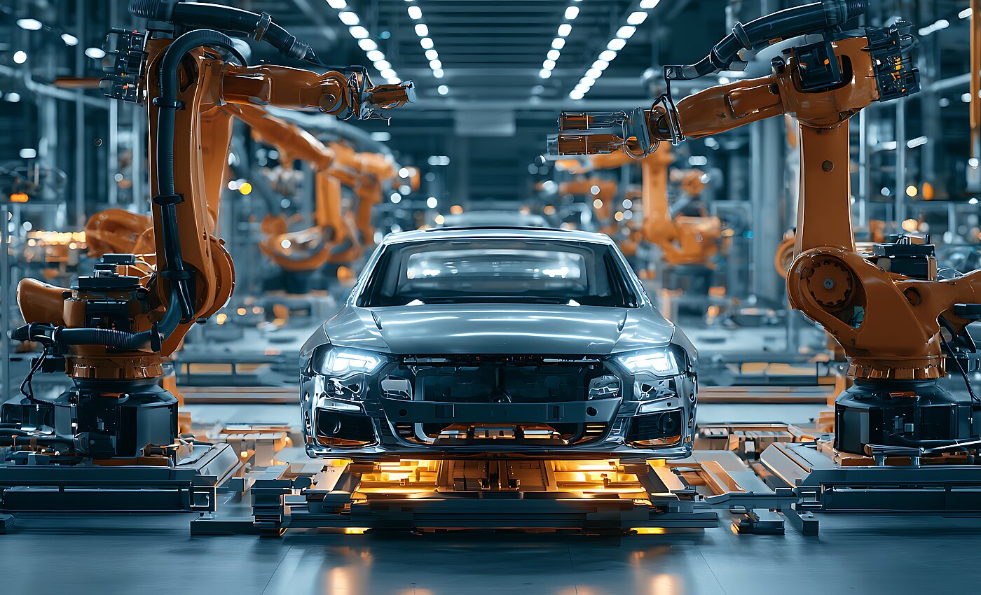 Roboterarme montieren ein Auto in einer hochmodernen Automobilfabrik unter hell erleuchteten Produktionsbedingungen.