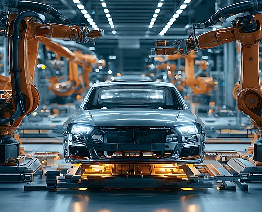 Roboterarme montieren ein Auto in einer hochmodernen Automobilfabrik unter hell erleuchteten Produktionsbedingungen.