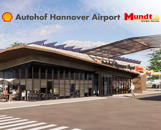 Autohof mit Restaurant- und Servicegebäude am Autohof Hannover Airport, beschildert mit Logos von Shell und Mundt