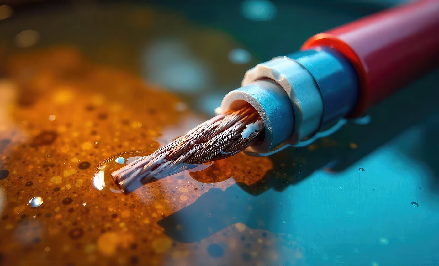 Abisoliertes Elektrokabel mit blauer Isolierung und freigelegten Kupferdrähten, leicht feucht glänzend.