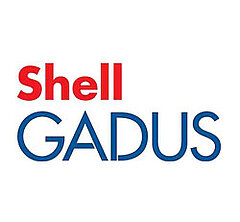 Logo „Shell Gadus“ mit rotem und blauem Schriftzug