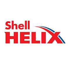 Logo „Shell Helix“ mit rotem Schriftzug und geschwungener blauer Linie auf hellem Hintergrund von Shell.