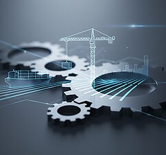Moderne Illustration mit Zahnrädern und Kran, die Innovation und technologischen Fortschritt symbolisieren.