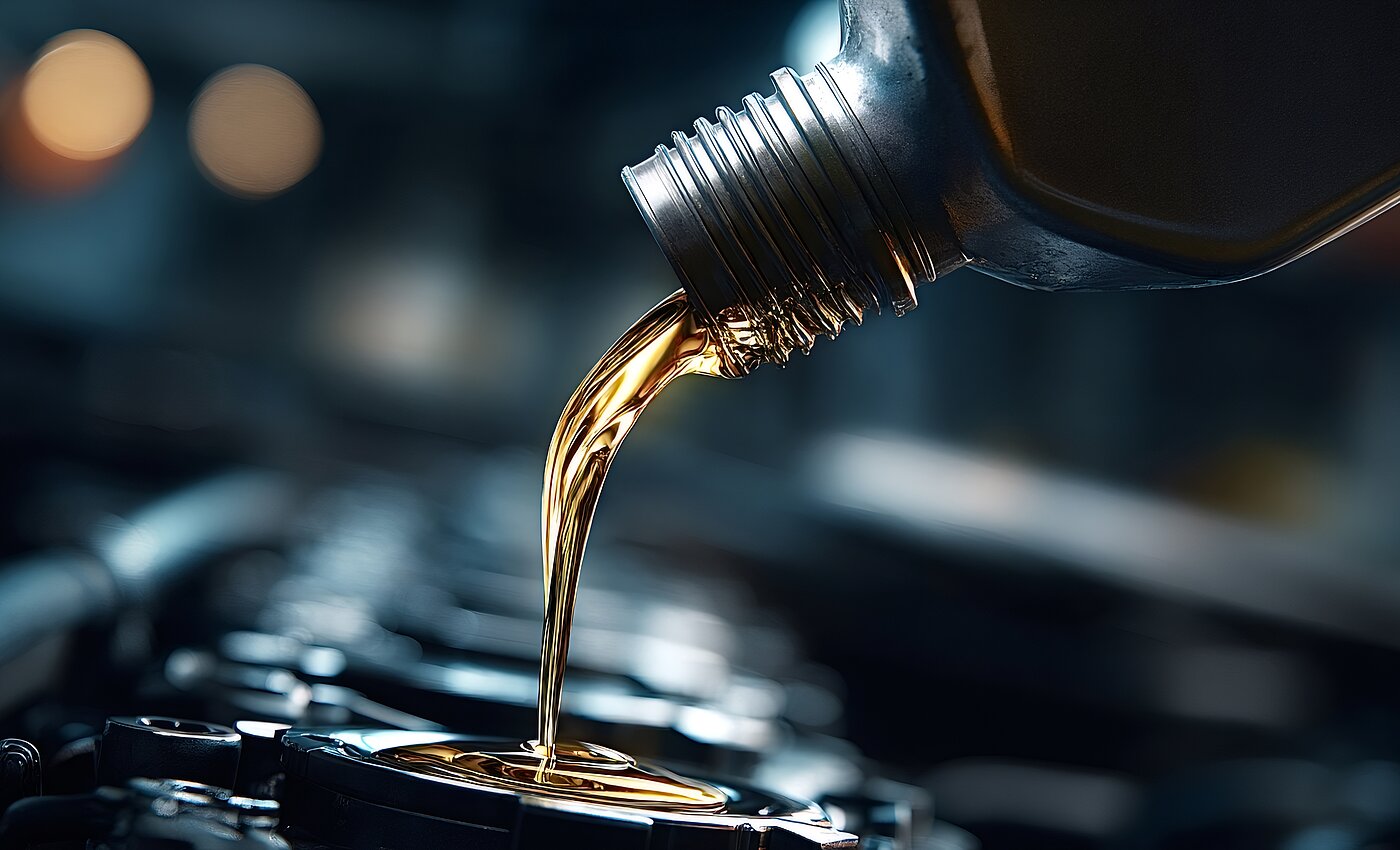 Goldgelbes Öl fließt in eine Motoröffnung, symbolisch für Wartung und Pflege einer Maschine